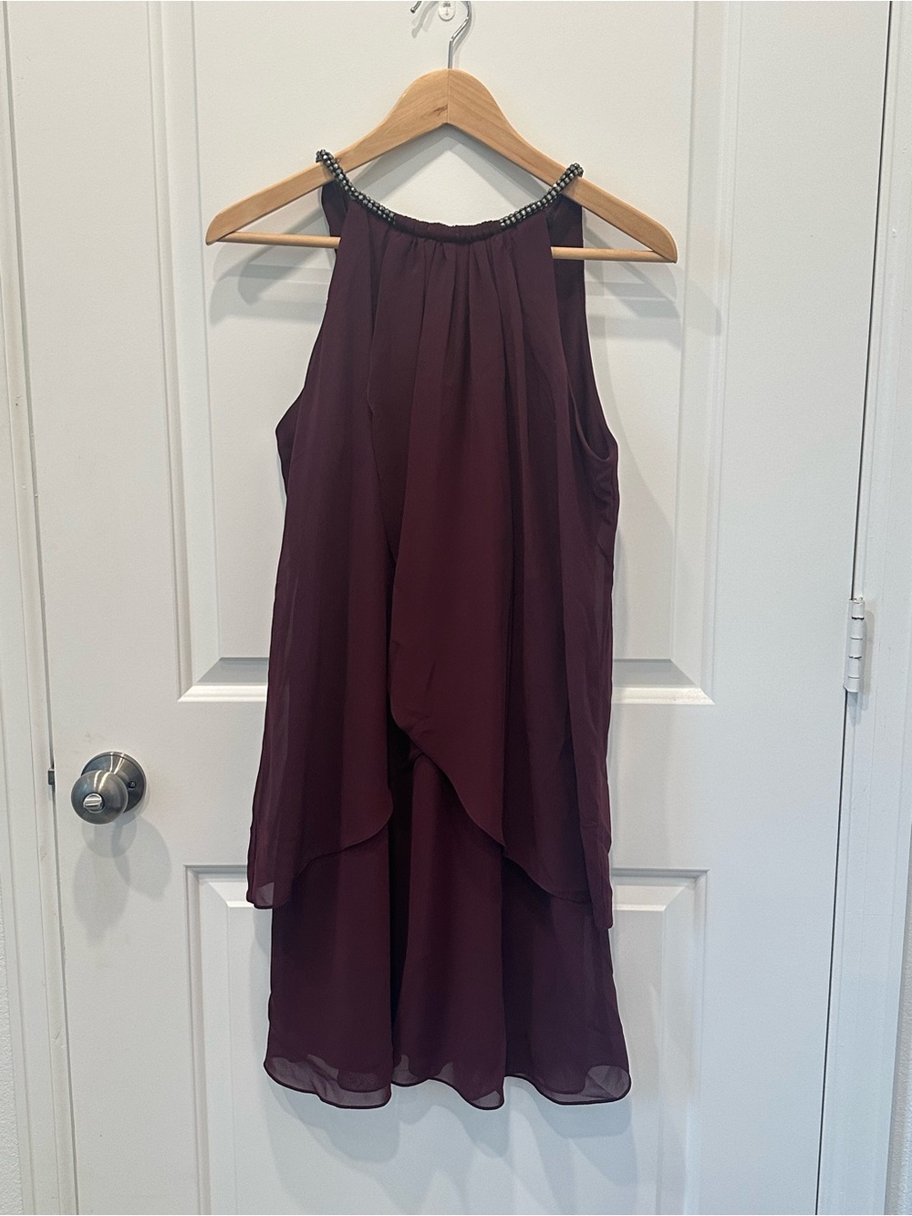 SLNY Beaded Halter Midi Dress in Plum